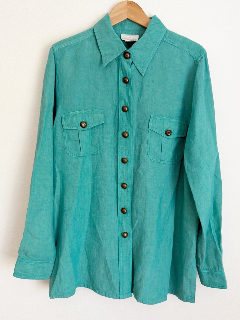 Soft Surroundings Linen Shirt XL Teal Turquoise Coastal Resort Roll Tab Blouse